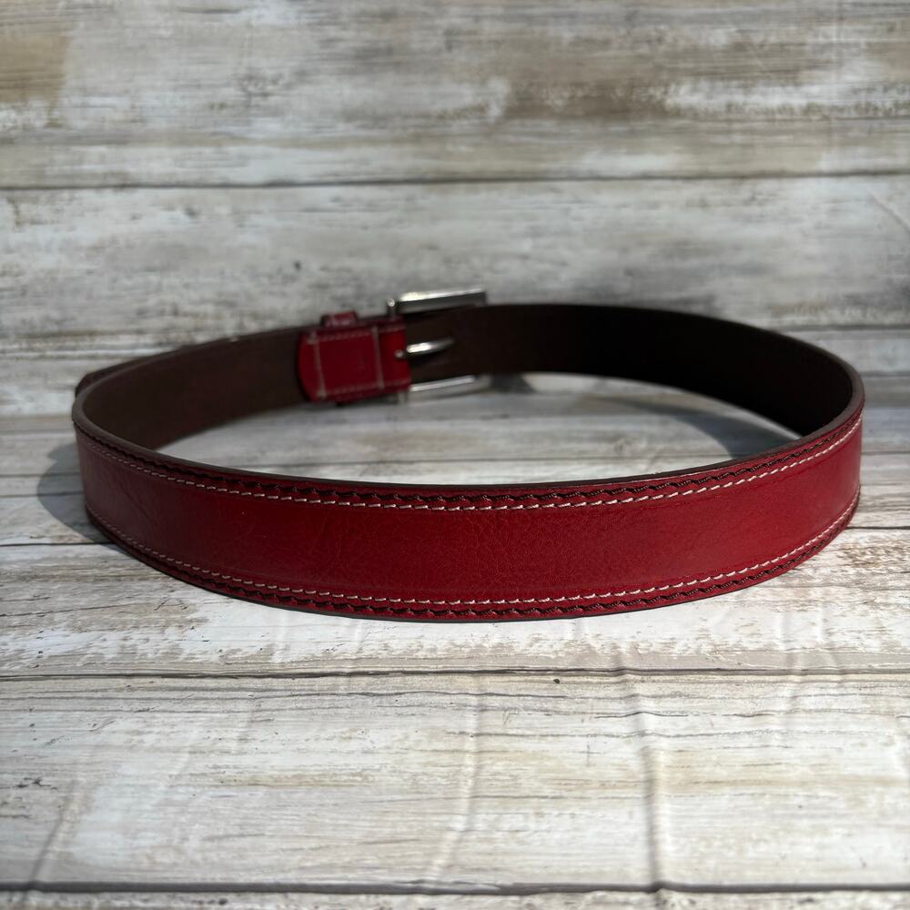 Fossil Leather Belt Sz Med Red 31” Metal Buckle Western Boho Earthy Classic - Picture 4 of 12